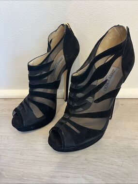 Jimmy Choo Black Suede & Mesh Strappy Peep-Toe Stilettos